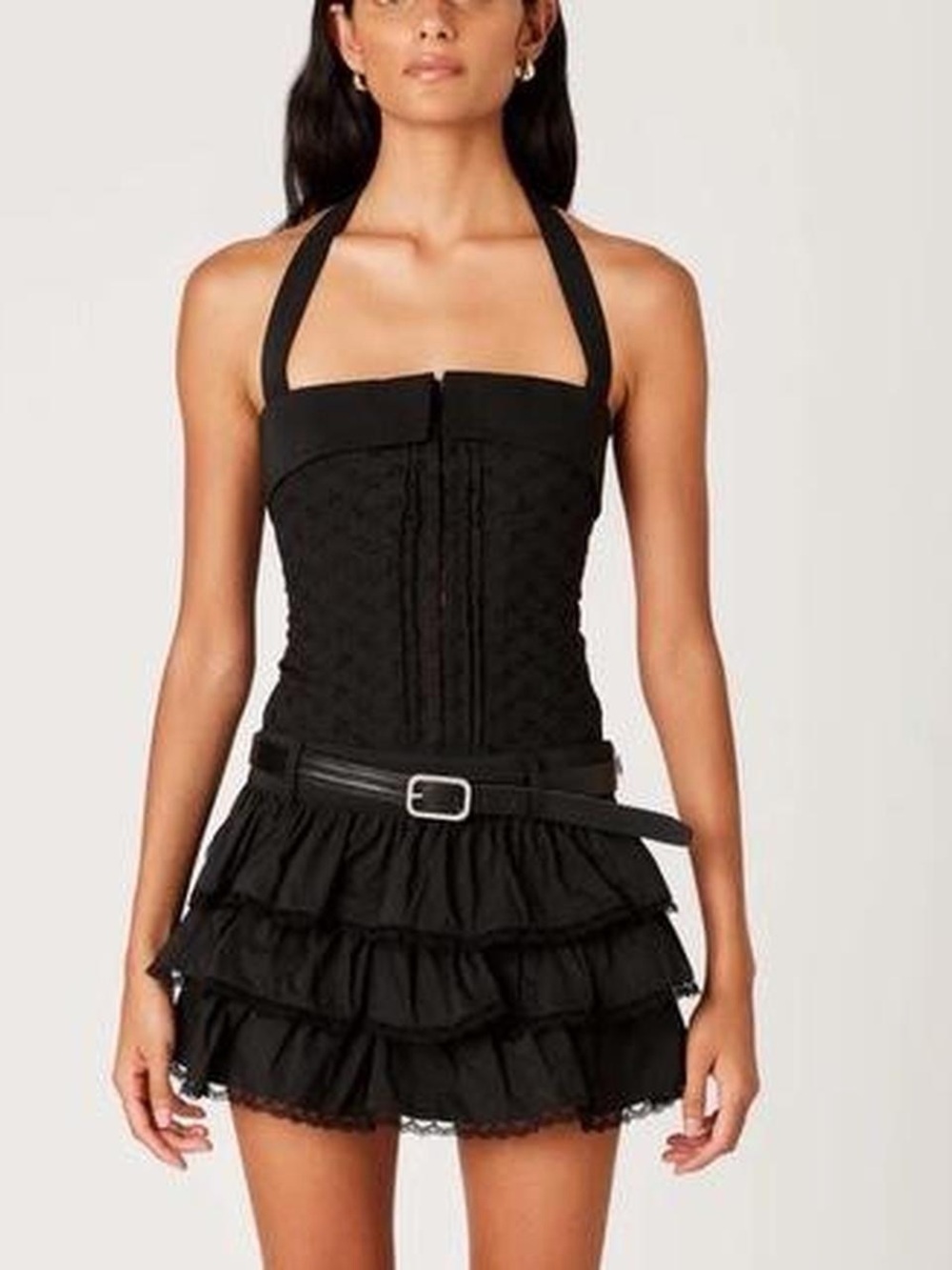 NIA Warren Corset Black Halter Ruffle Mini Dress Size Small
